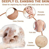 A mesh exfoliating towel is shown with foam on the skin, promoting deep cleaning and exfoliation.