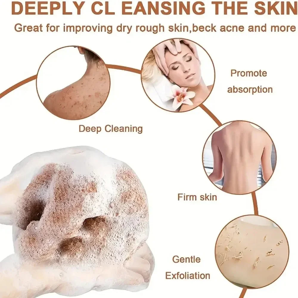 A mesh exfoliating towel is shown with foam on the skin, promoting deep cleaning and exfoliation.