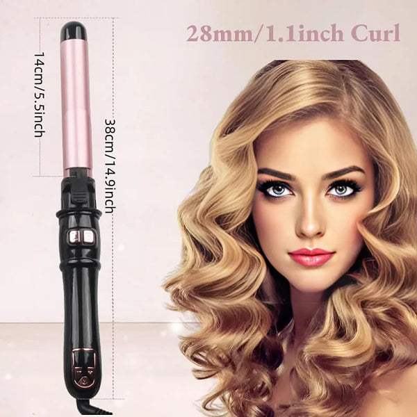 A woman with wavy blonde hair is shown next to a pink automatic rotating curling iron.