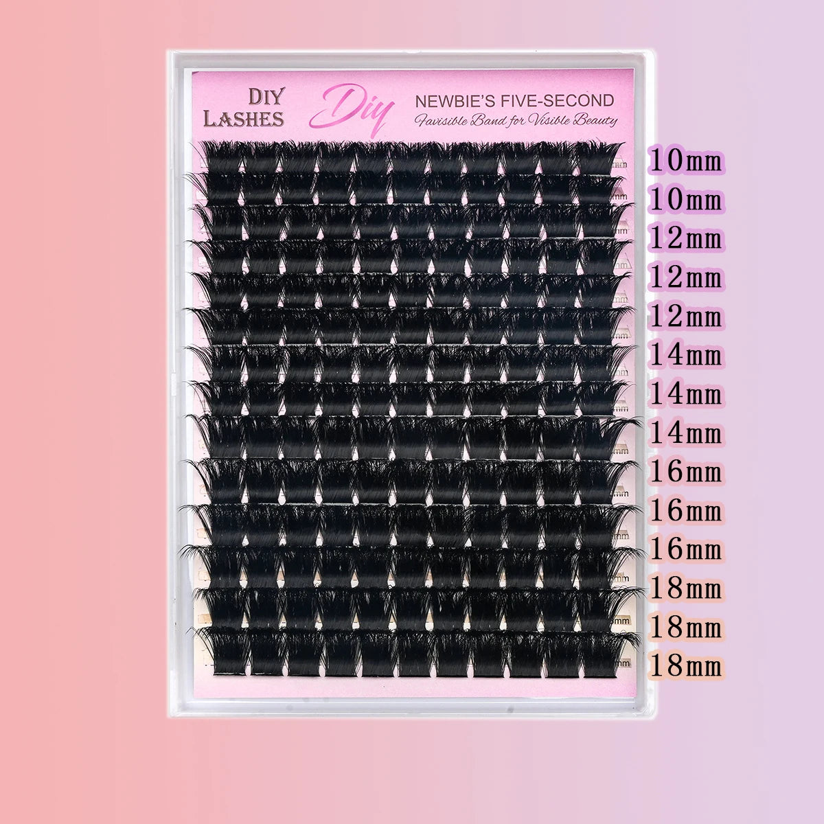 A display of various lengths of black mink eyelash extensions for DIY lash applications.
