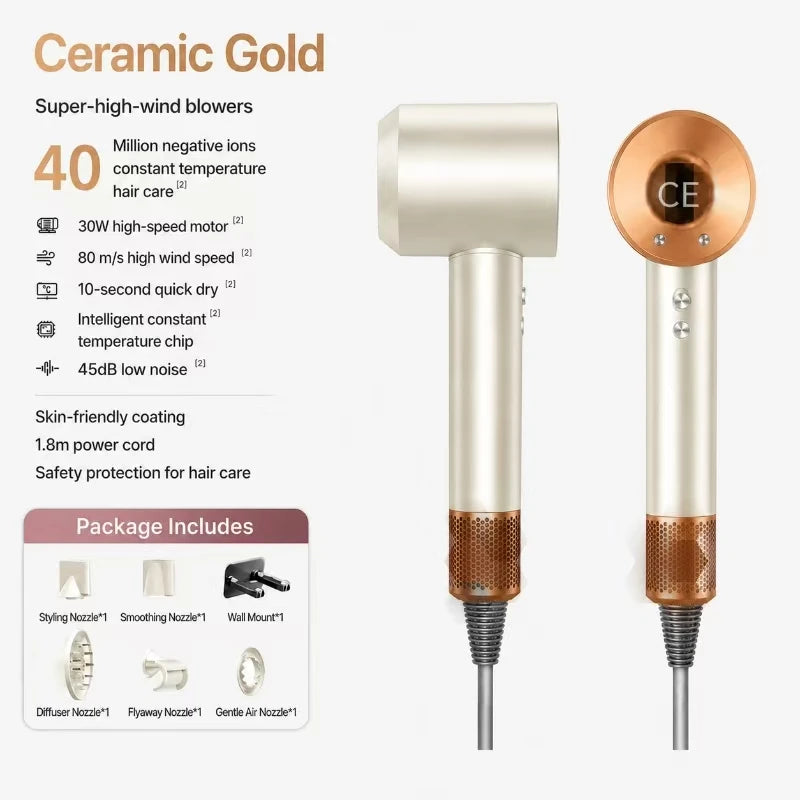 Silber-Keramik-Gold-Haartrockner für Profis mit zylindrischem Gehäuse und runder Diffusor-Aufnahme.