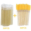 A set of 50 disposable eyelash and eyebrow brushes, featuring white and yellow bristles.