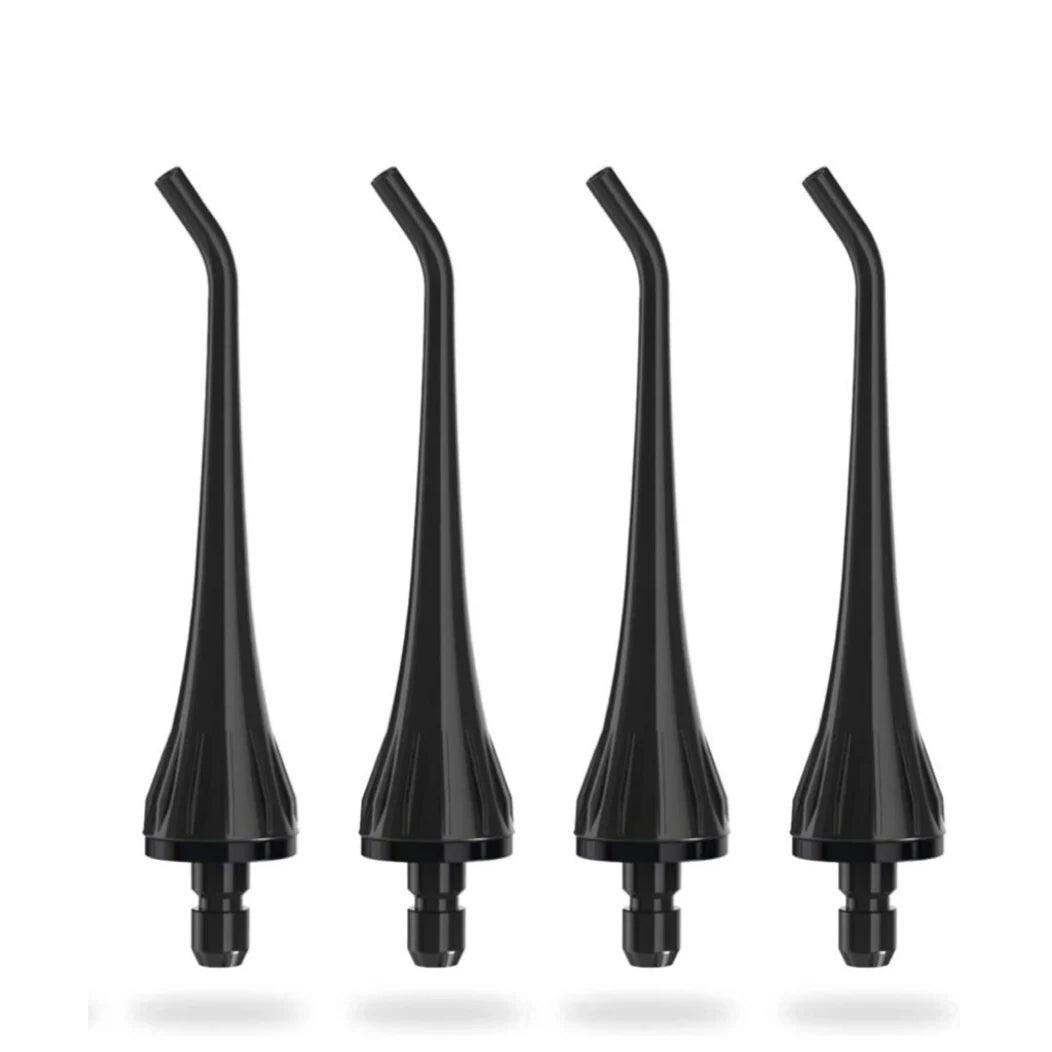 A pack of four black replacement tips for a water flosser oral irrigator