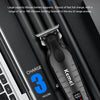 A black Kemei cordless hair trimmer is shown against a dark background with text highlighting its 1200mAh battery and enduran