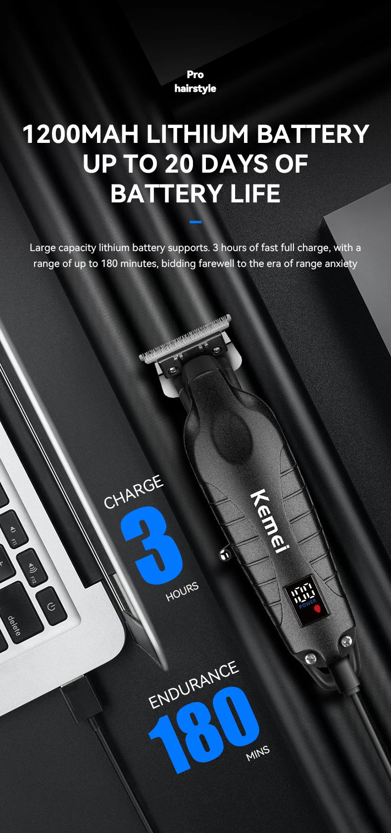 A black Kemei cordless hair trimmer is shown against a dark background with text highlighting its 1200mAh battery and enduran