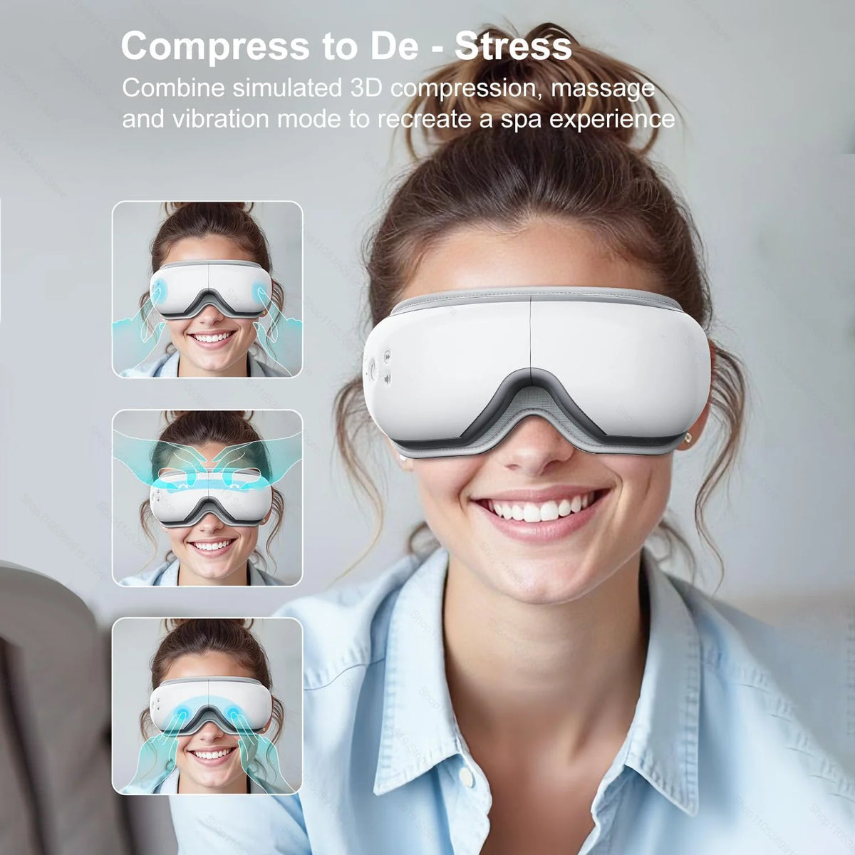 A woman is wearing a white heated eye massager device while smiling, demonstrating its use for relaxation.