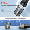 A portable electric dental floss and oral irrigator with a detachable large mouth water tank shown in two ways of water injec