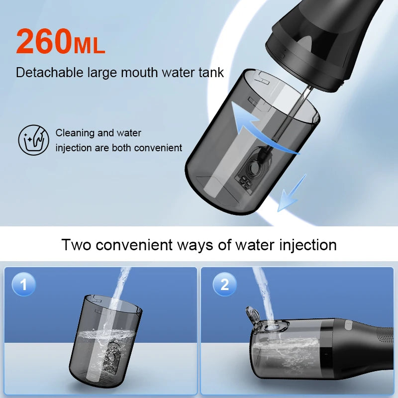 A portable electric dental floss and oral irrigator with a detachable large mouth water tank shown in two ways of water injec