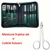 A dark green manicure set with nine precision tools and cuticle scissors displayed in a zippered travel case.