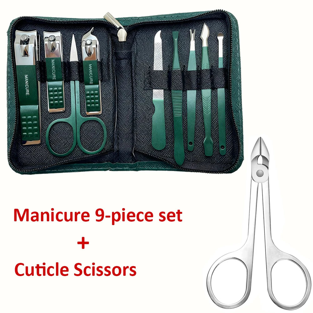 A dark green manicure set with nine precision tools and cuticle scissors displayed in a zippered travel case.