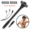 A black multi-layer silicone back shaver razor with two refills and a grooming tool shown alongside a person using it.