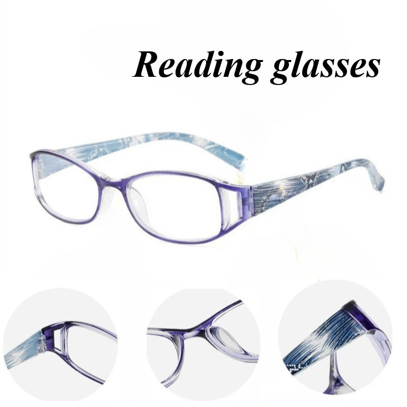 A pair of purple-tinted reading glasses shown from the front and side views.