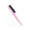 A pink plastic comb with black bristles shown diagonally against a white background.