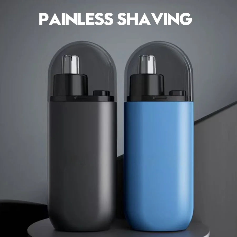 A sleek black and blue precision nose hair trimmer is shown against a gray background.