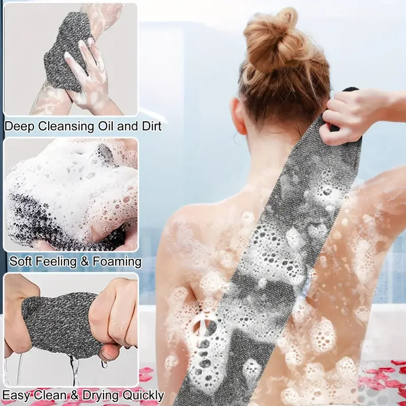 A woman is using a dark exfoliating body scrubber on her back, showing the product creating foam and cleaning dirt.