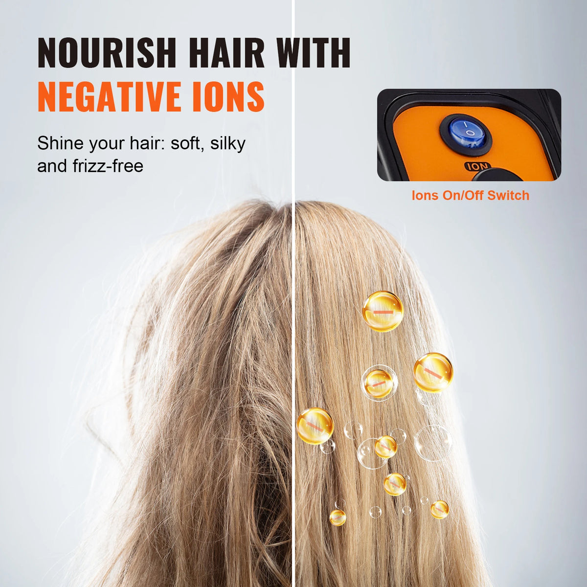 A woman's hair is being dried using an ionic hood, showing glowing ions on the strands.