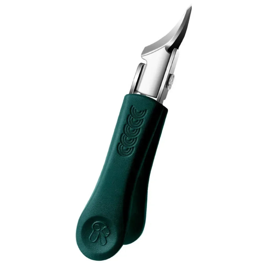 A close-up view of a dark green stainless steel nail clipper with a silver blade and textured handle.