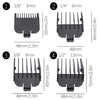 Four sets of professional LCD hair clipper blades in various sizes and lengths, shown with corresponding measurements.