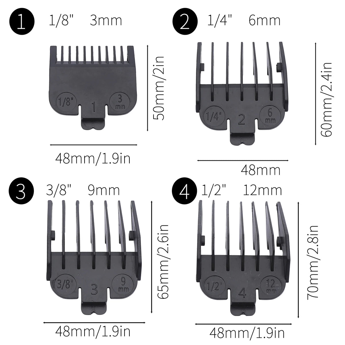 Four sets of professional LCD hair clipper blades in various sizes and lengths, shown with corresponding measurements.