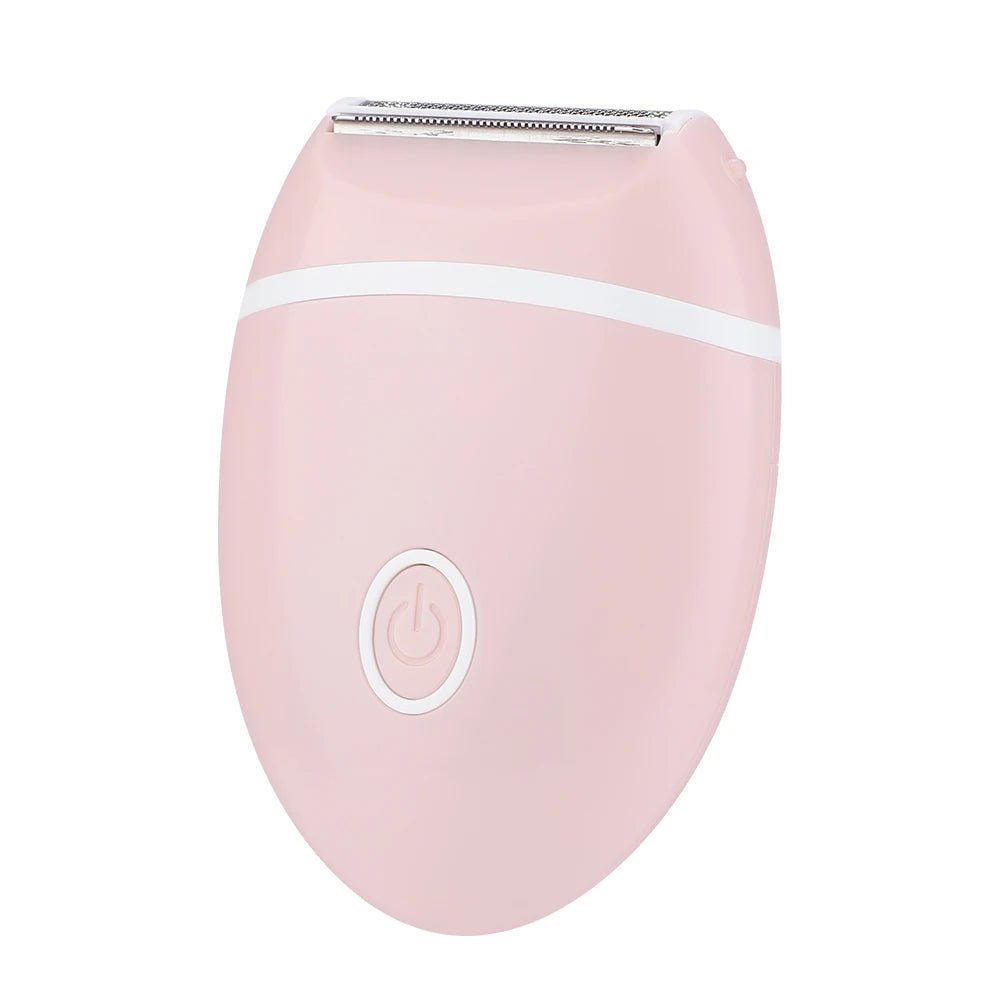 A pink electric body shaver and trimmer with a silver head and a power button symbol on the body.