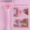 A pink 12-blade safety razor for hair removal shown with replacement blades and usage instructions.