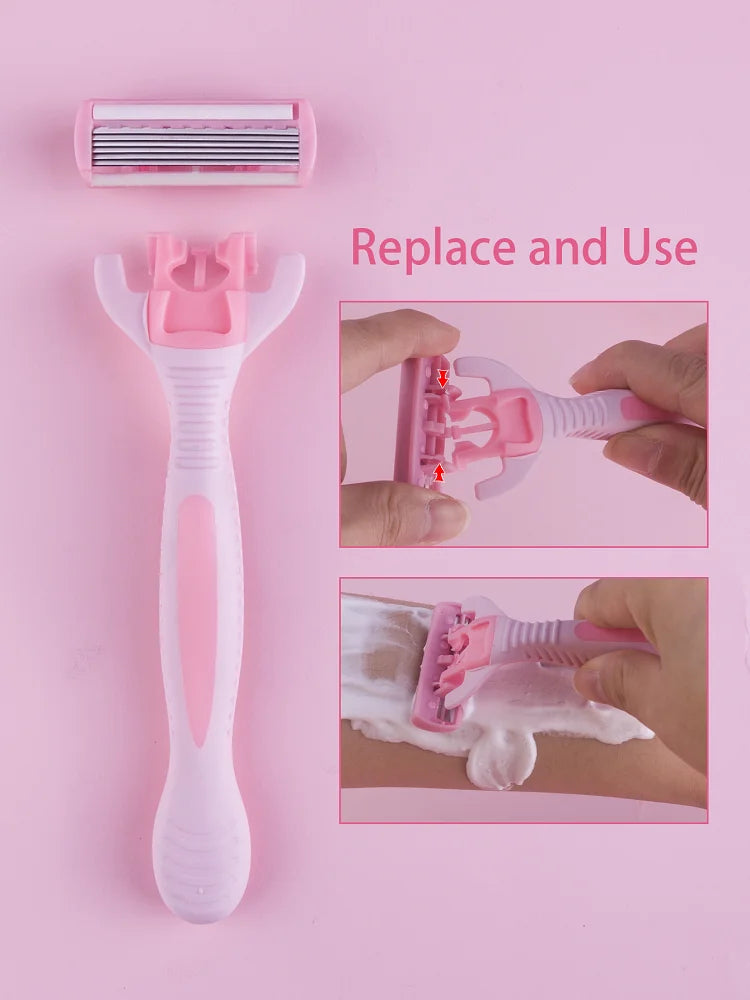 A pink 12-blade safety razor for hair removal shown with replacement blades and usage instructions.