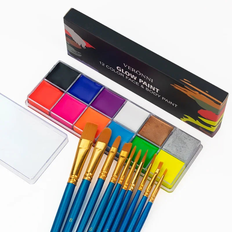 A box of Veronni Glow Paint featuring 12 colors and a set of paintbrushes for face and body art