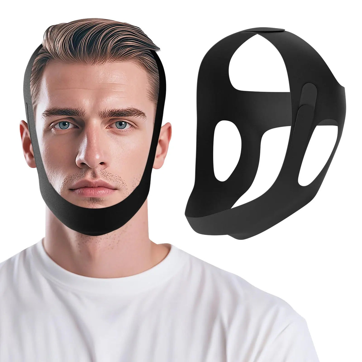 A man wearing a black adjustable jawline shaper strap on his face, next to the unattached strap.