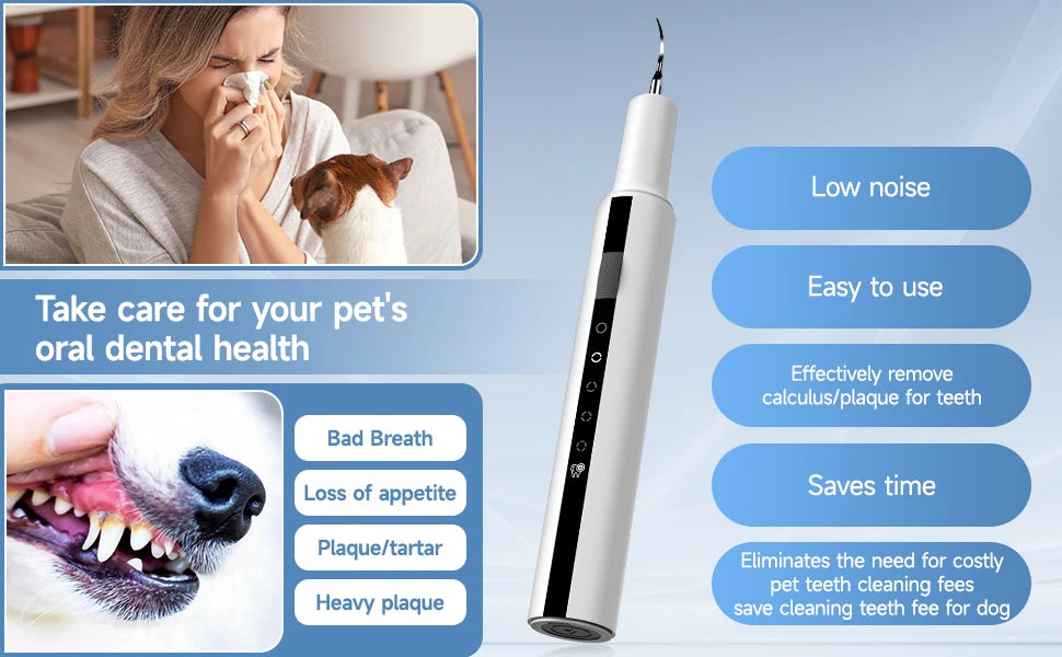 A white ultrasonic dental cleaner device is shown next to a pet, demonstrating its use for oral dental health.
