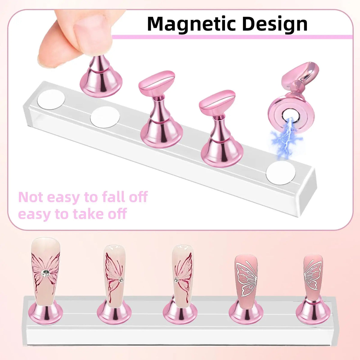 A set of magnetic nail practice stands with double-sided tape for practicing nail art.