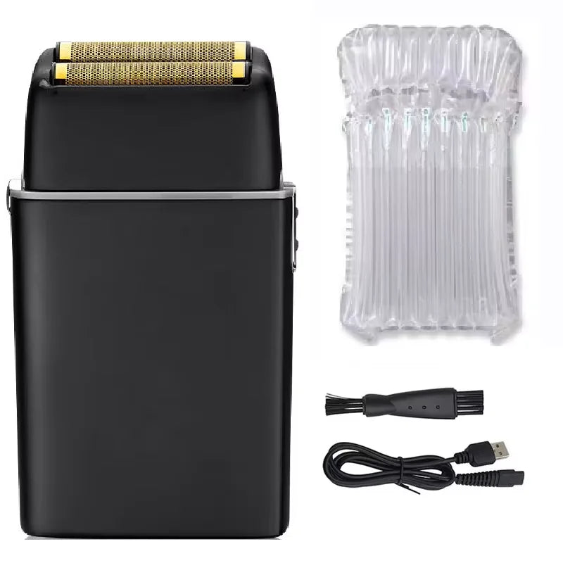 A black professional rechargeable electric shaver with a clear protective cover and charging cable.