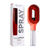 A red silicone hair styling comb and a clear bottle of clean spray are shown side by side.