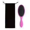 A black fabric pouch with drawstrings and a pink boar bristle hair extension brush.