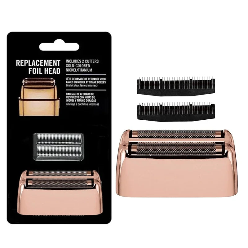 Replacement foil head and cutters blades for a shaver, shown in gold and titanium colors.