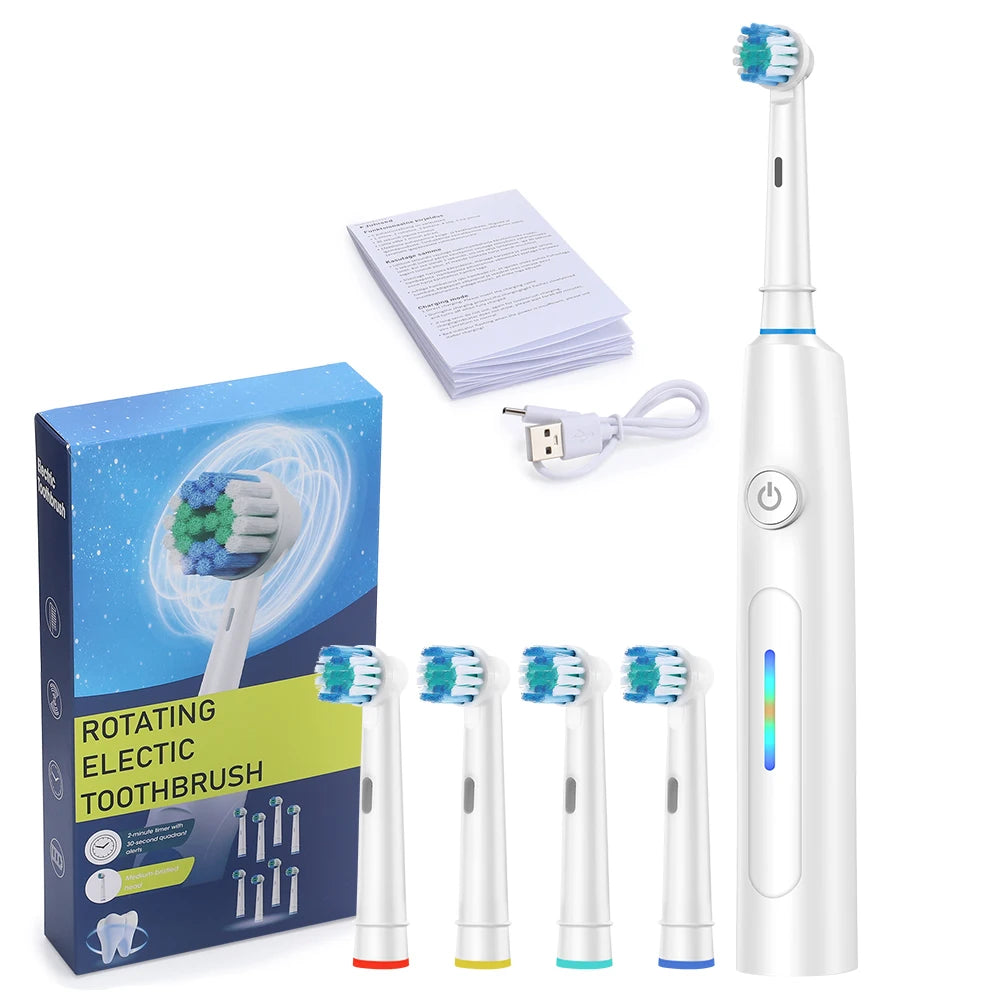 A white rotary electric toothbrush and four replacement heads are shown next to its packaging box.