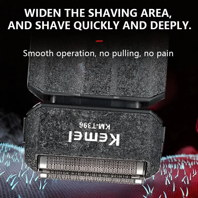 A black electric foil shaver is shown with text describing its features on a textured surface.