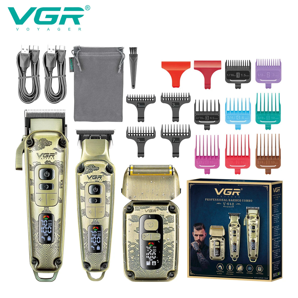 A set of VGR professional electric hair trimmers and grooming tools displayed on a white background.