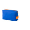A blue waterproof PU leather makeup bag with an orange color block design.