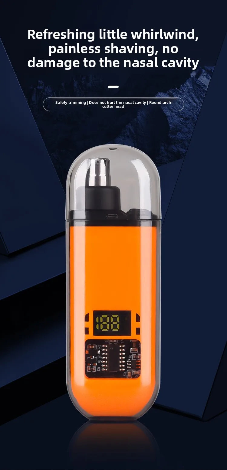 An orange professional USB nose hair trimmer with a clear casing and digital display.