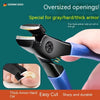 A close-up of a black heavy duty nail clipper with an ergonomic blue handle demonstrating its ability to cut thick armor.