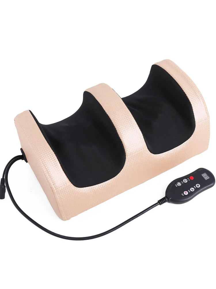 A beige heated shiatsu foot massager with a black pad and power cord.