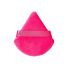 A bright pink triangular velvet powder puff with a pink ribbon band.