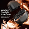 A black cordless straight hair comb is shown against a gold background, demonstrating smooth and silky hair.