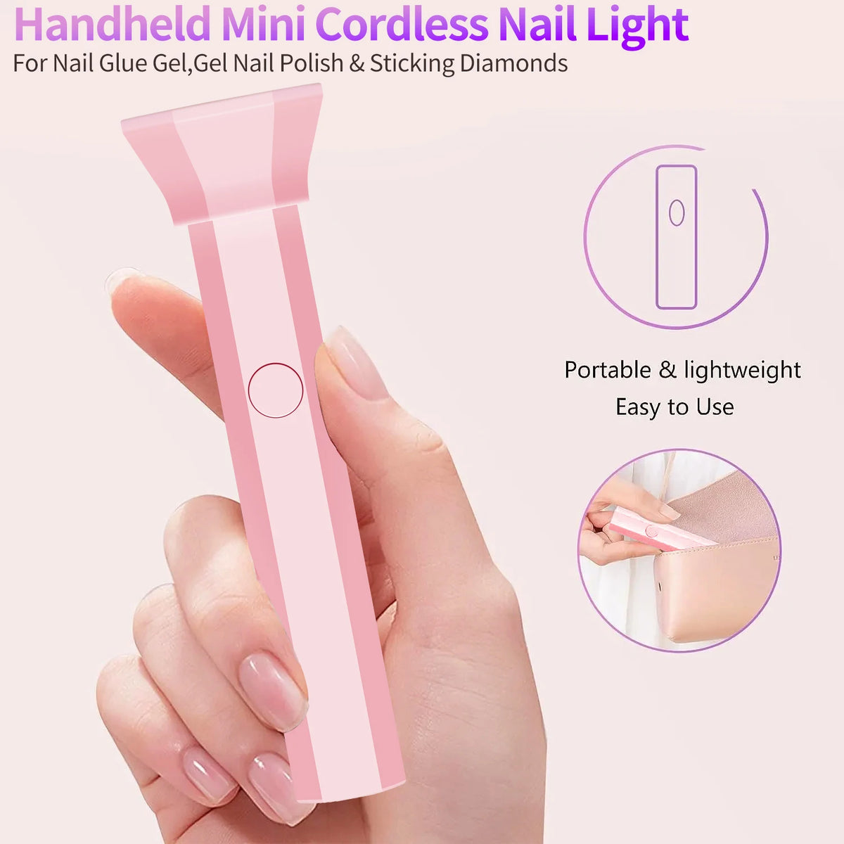 A hand holds a pink handheld mini cordless nail light device designed for nail glue, gel polish, and sticking diamonds.