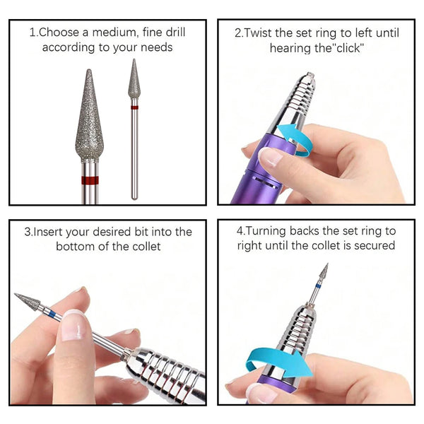 Step-by-step instructions showing how to use a tungsten carbide nail drill bit set for manicure and pedicure.
