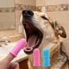 A dog's mouth is open showing a pink and blue pet toothbrush being held near its teeth.