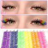 A variety of mixed cluster false eyelashes in purple, blue, green, yellow, and pink are displayed.