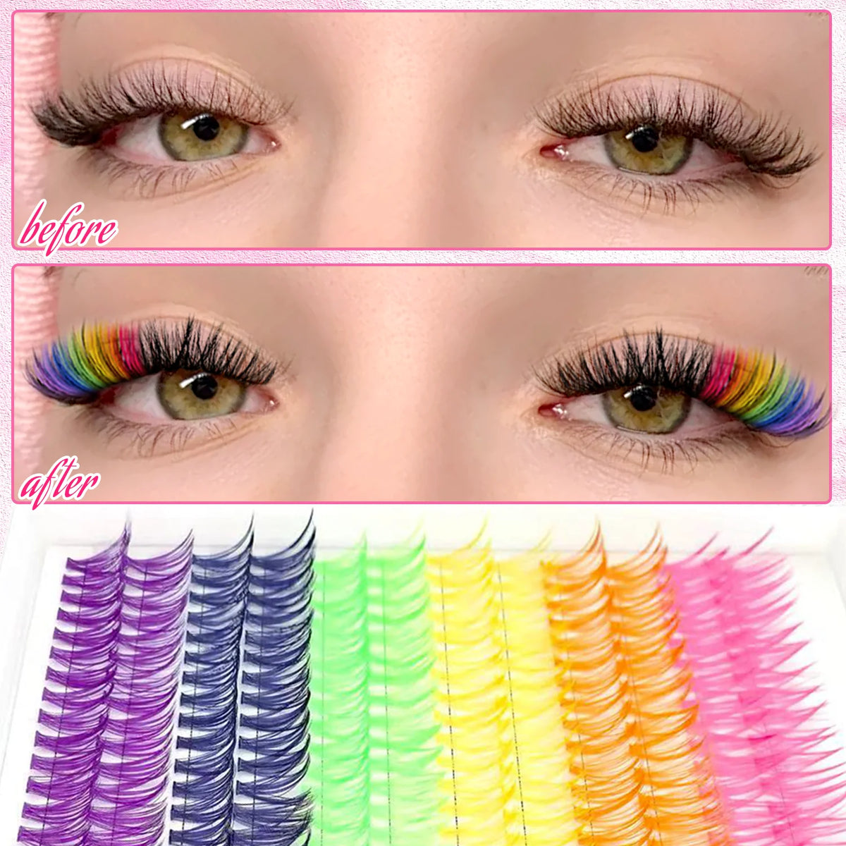 A variety of mixed cluster false eyelashes in purple, blue, green, yellow, and pink are displayed.