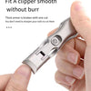 A hand holds a heavy duty stainless steel nail clipper, demonstrating its ability to cut thick armor without needing to sharp