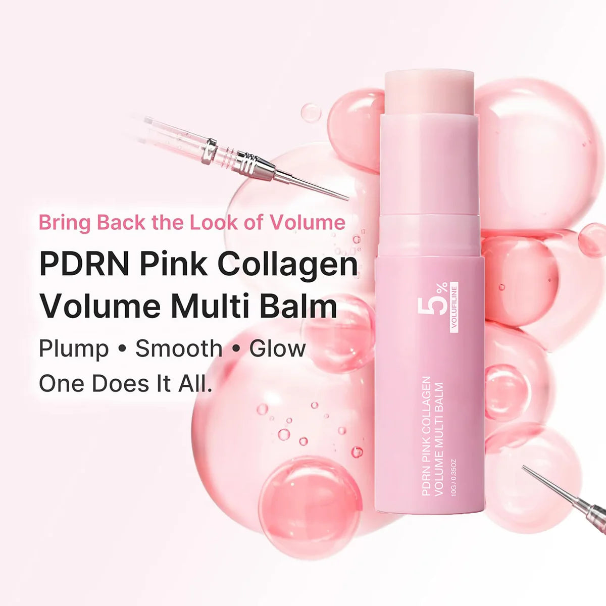 A pink tube of PDRN Pink Collagen Volume Multi Balm with a dropper and surrounding pink cosmetic spheres.